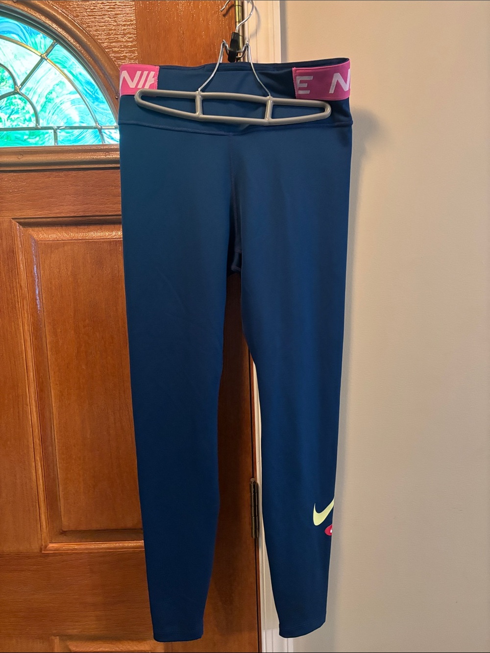 Nike WOMENS Navy Leggings with Pink Branded Waistband and Neon Swoosh